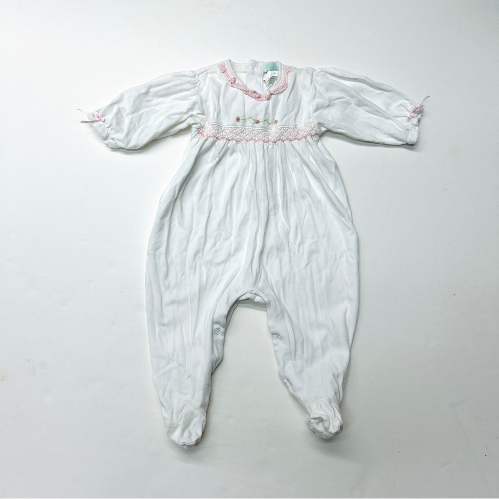 Baby Threads Pima Peruvian Cotton White Pink Footed One Piece Smocked Rose